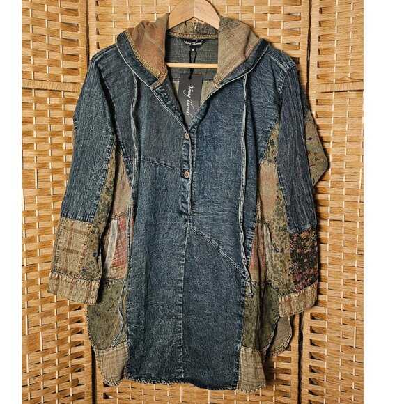 Young Threads Denim Patchwork Hoodie Top M NWT - Picture 1 of 6